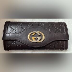 Gucci Guccissima Dark Chocolate Leather Continental Embossed GG Long Wallet